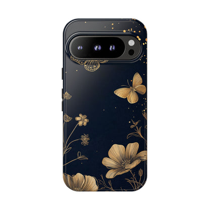Gold Floral Butterfly Phone Case, Dark Aesthetic Botanical, Elegant Black Luxury iPhone Samsung Cover