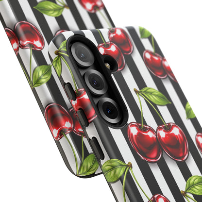 Cherry Pattern Phone Case Black White Stripe Retro Aesthetic Tough Cover