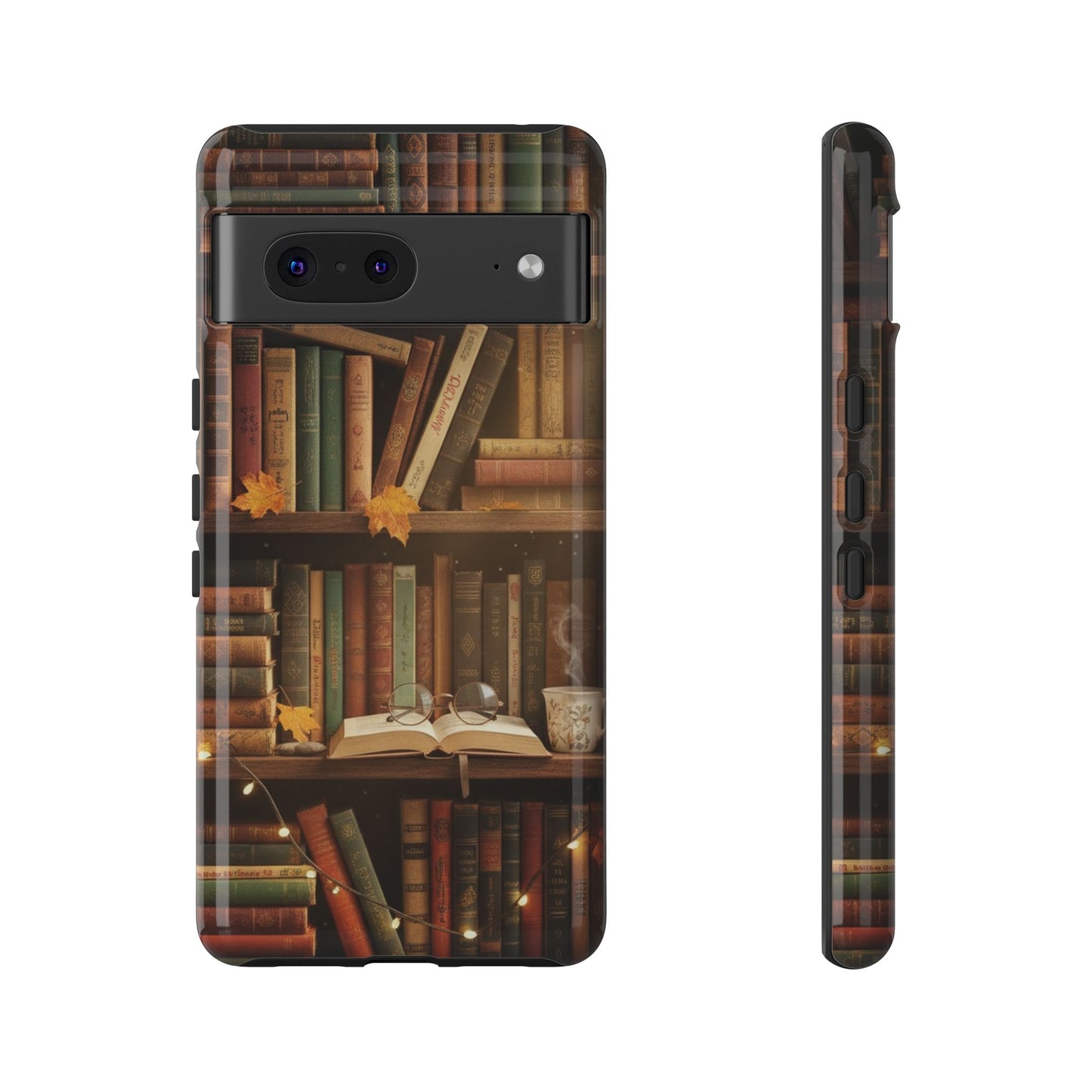 Cozy Vintage Bookshelf Phone Case, Library Aesthetic Book Stack, Autumn Coffee Vibes (iPhone, Samsung, Pixel)