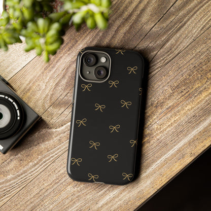 Black Phone Case with Gold Bow Pattern – Slim Protective Cute Aesthetic Cover for Iphone, Samsung Galaxy and Pixel