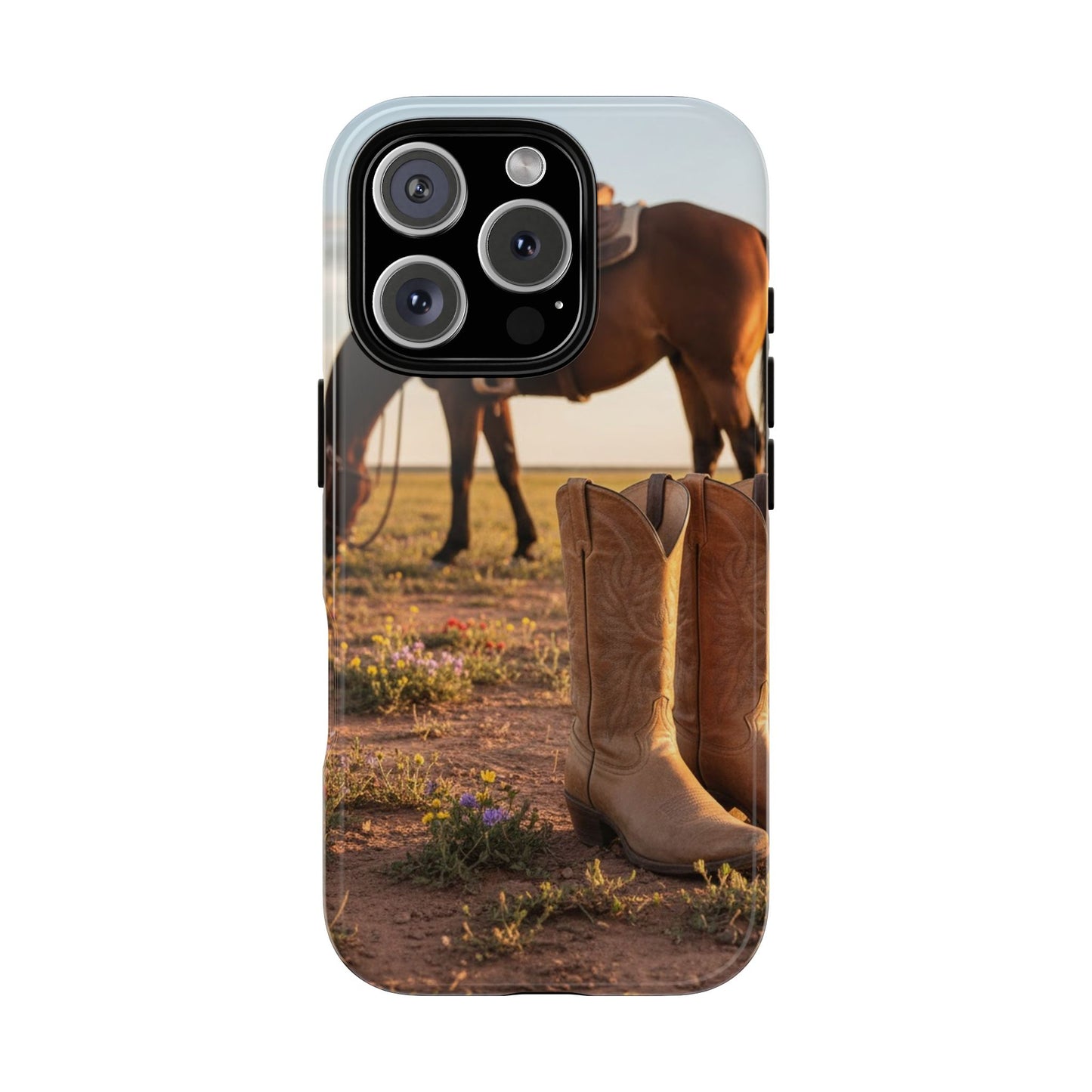 Western Cowboy Boots Phone Case – Rustic Horse Sunset Tough Case (iPhone, Samsung, Pixel)