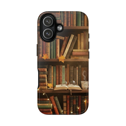 Cozy Vintage Bookshelf Phone Case, Library Aesthetic Book Stack, Autumn Coffee Vibes (iPhone, Samsung, Pixel)
