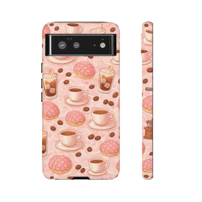 Cute Coffee & Pink Concha Phone Case – Coffee Lover Aesthetic Latte Pattern Tough Case