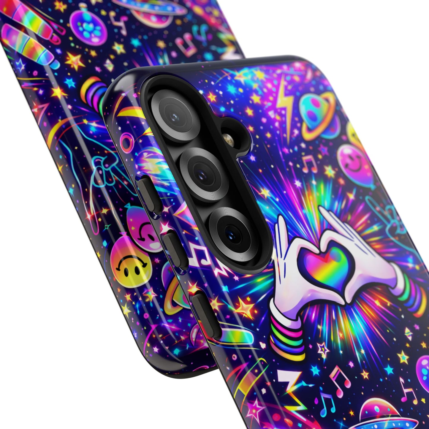 Rainbow Heart Hands Phone Case – Neon Galaxy EDM Festival Tough Cover