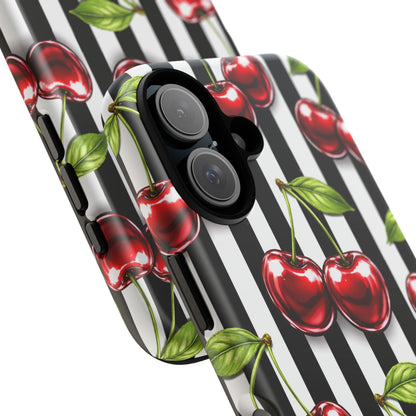 Cherry Pattern Phone Case Black White Stripe Retro Aesthetic Tough Cover