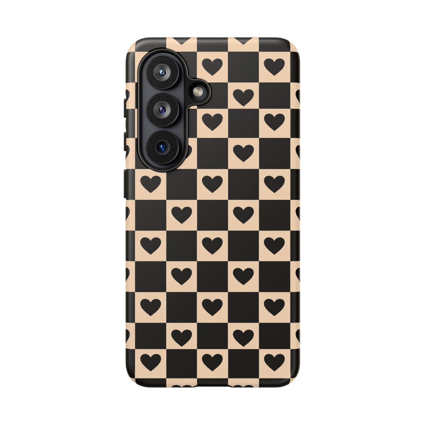 Checkerboard Heart Phone Case – Black & Beige Cute Aesthetic Protective Cover for Iphone, Samsung Galaxy and Pixel