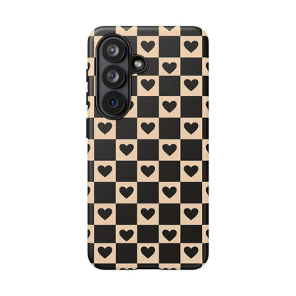 Checkerboard Heart Phone Case – Black & Beige Cute Aesthetic Protective Cover for Iphone, Samsung Galaxy and Pixel