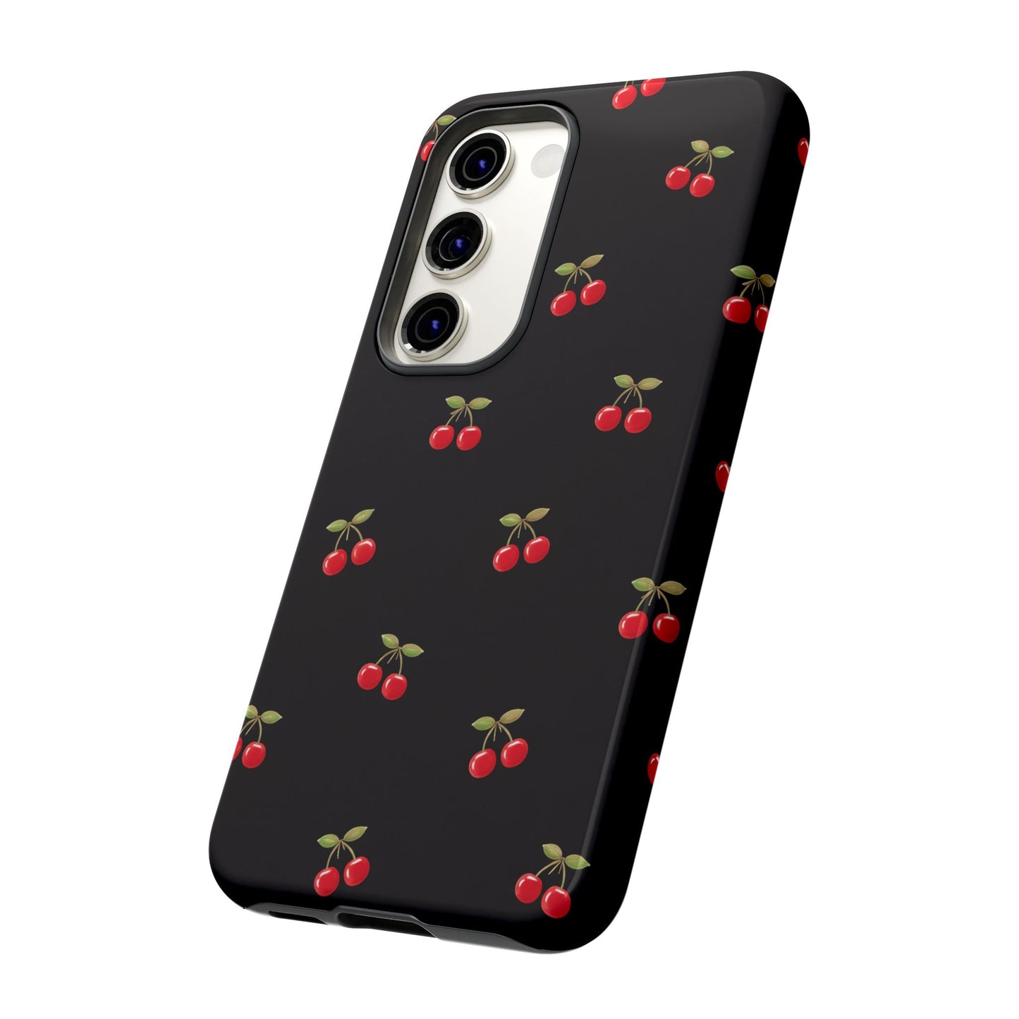 Cherry Pattern Phone Case — Slim Black Protective iPhone Case with Red Cherries for Iphone, Samsung Galaxy and Pixel
