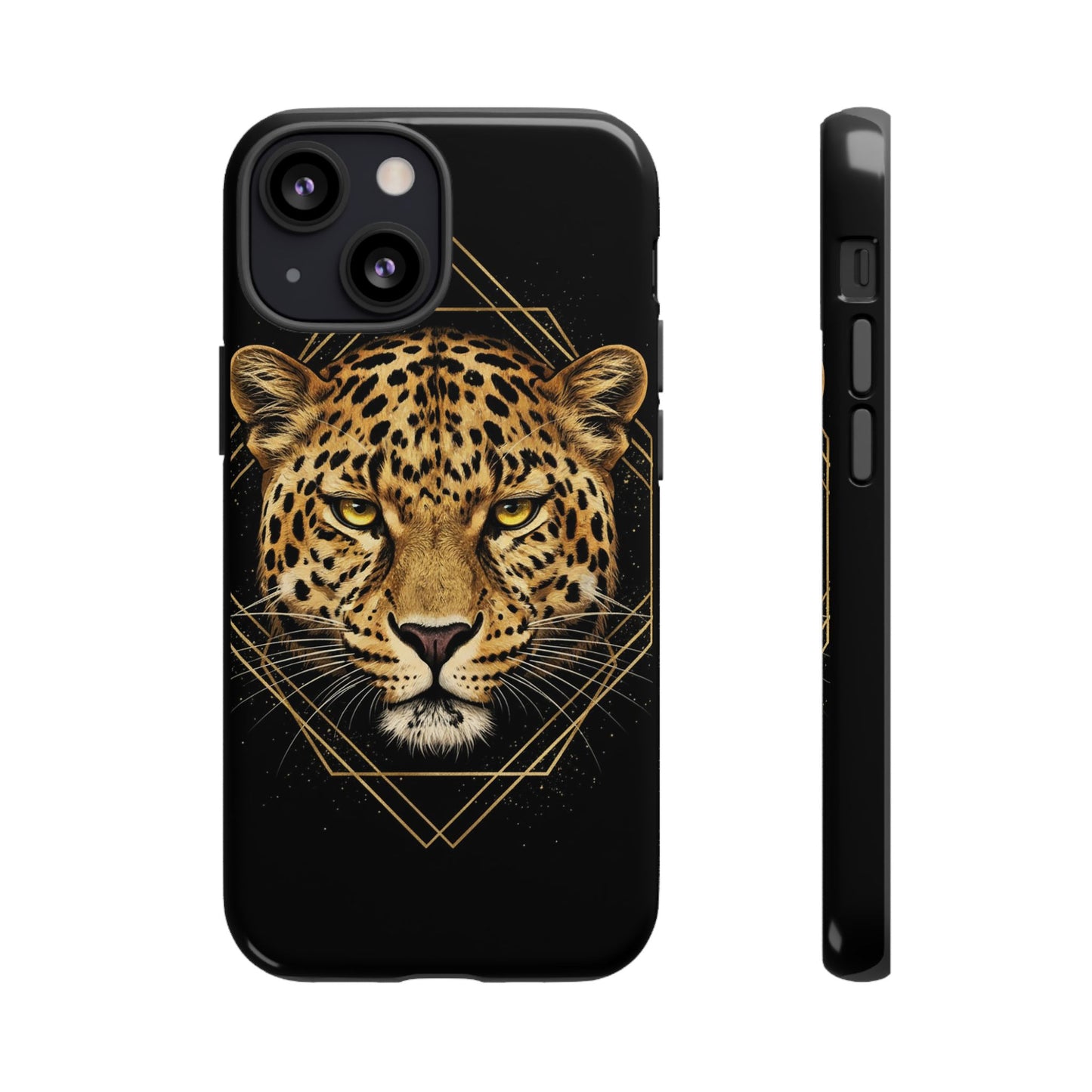 Leopard Head Geometric Phone Case – Black & Gold Luxe Tough Case
