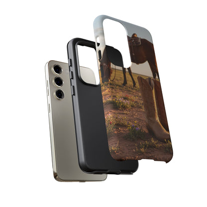 Western Cowboy Boots Phone Case – Rustic Horse Sunset Tough Case (iPhone, Samsung, Pixel)