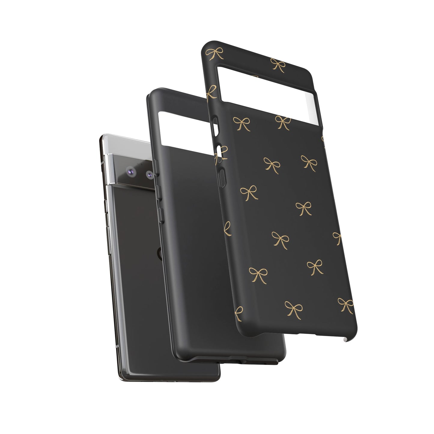 Black Phone Case with Gold Bow Pattern – Slim Protective Cute Aesthetic Cover for Iphone, Samsung Galaxy and Pixel