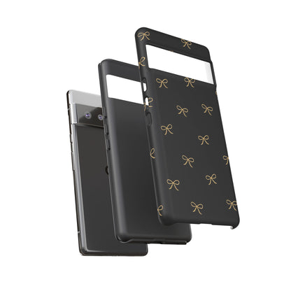 Black Phone Case with Gold Bow Pattern – Slim Protective Cute Aesthetic Cover for Iphone, Samsung Galaxy and Pixel