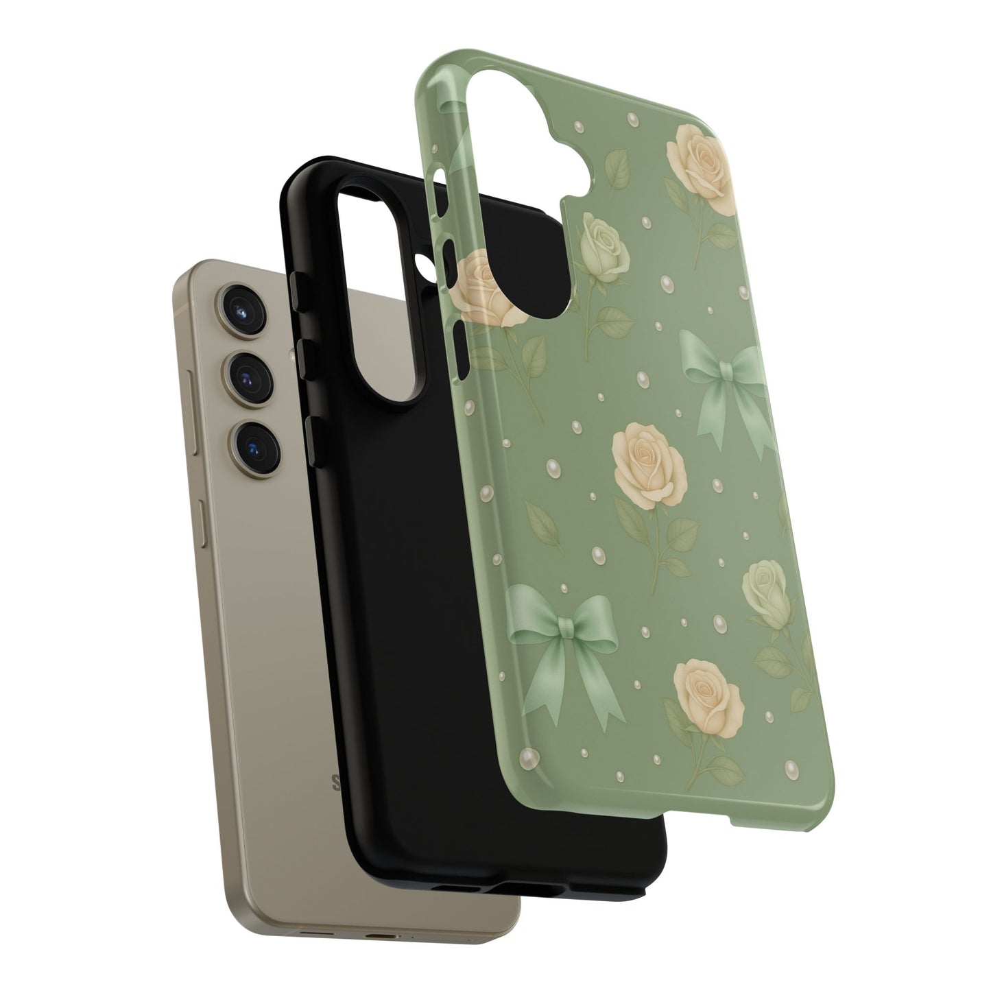 Vintage Rose Bow Phone Case – Sage Green Floral Coquette Aesthetic Tough Case (iPhone, Samsung, Pixel)
