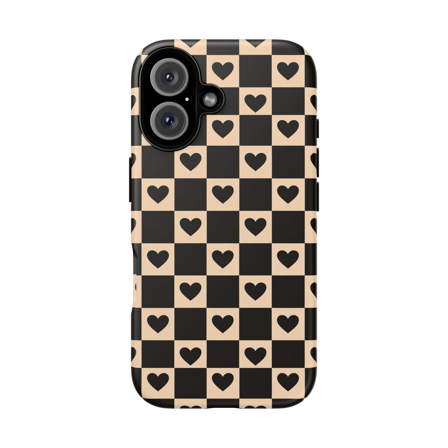 Checkerboard Heart Phone Case – Black & Beige Cute Aesthetic Protective Cover for Iphone, Samsung Galaxy and Pixel