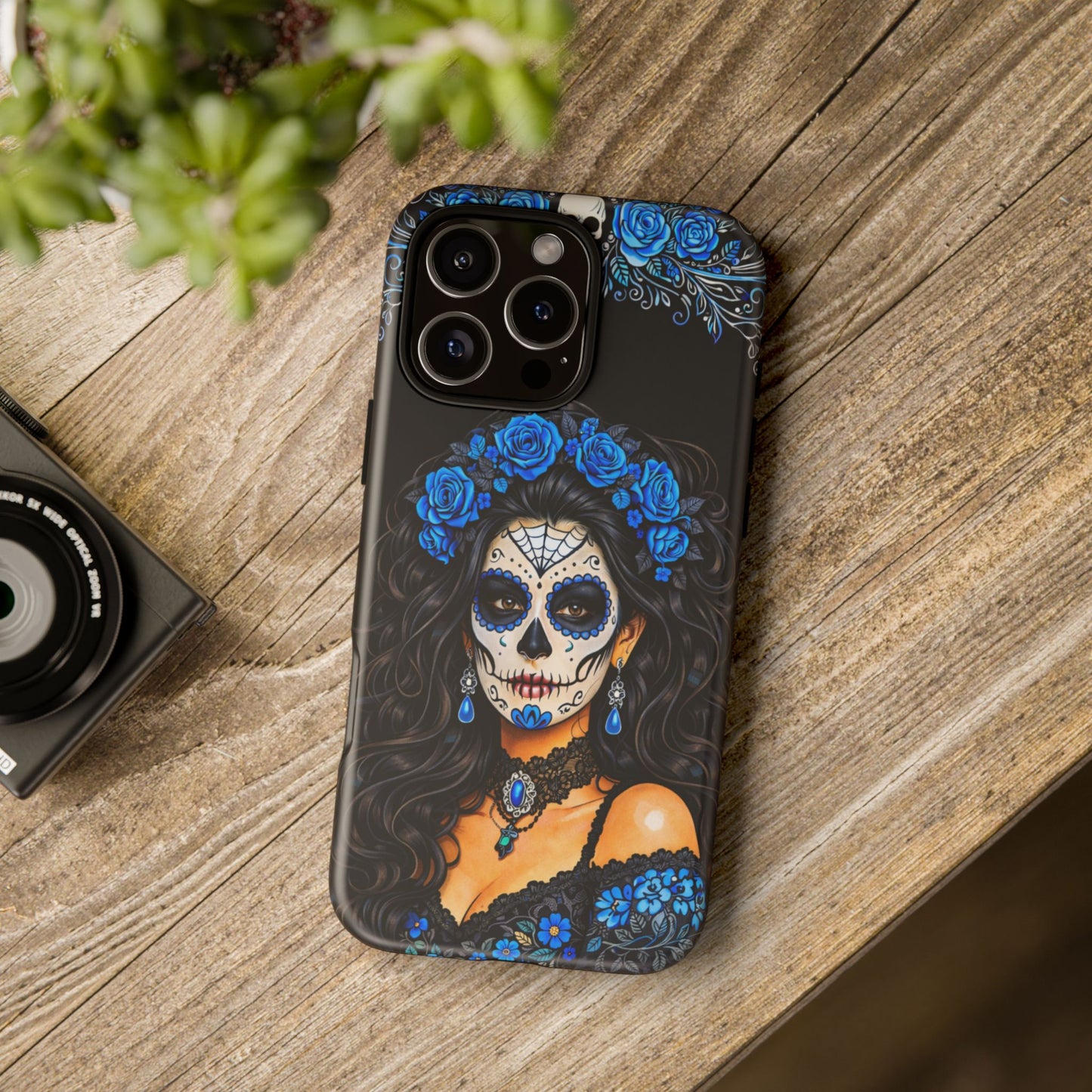 Blue Sugar Skull Woman Phone Case – Day of the Dead Aesthetic Tough Cover