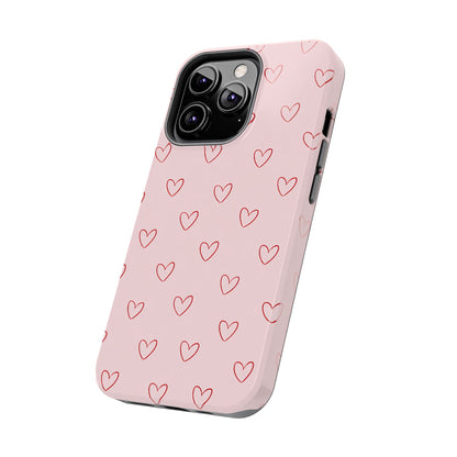 Pink Doodle Hearts Phone Case | Minimal Cute Heart Pattern Tough Case
