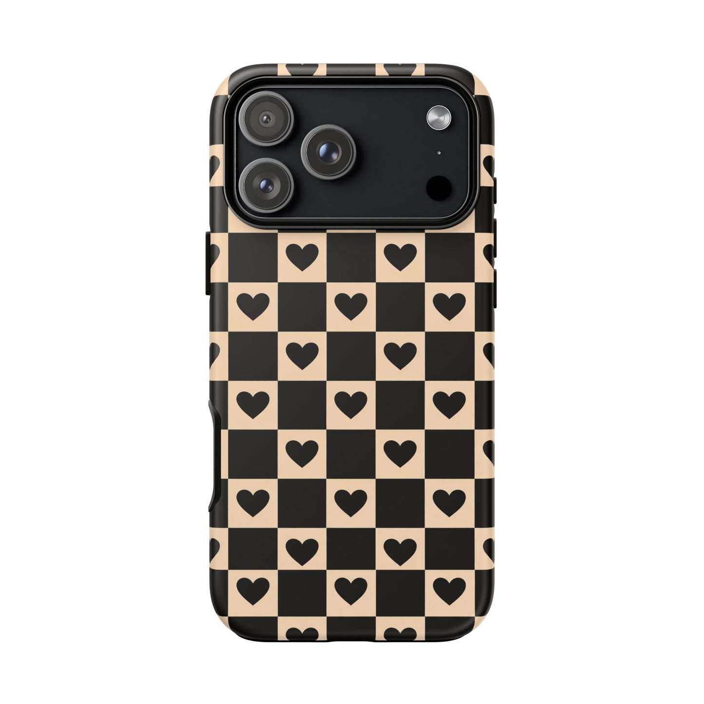 Checkerboard Heart Phone Case – Black & Beige Cute Aesthetic Protective Cover for Iphone, Samsung Galaxy and Pixel