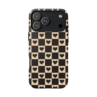 Checkerboard Heart Phone Case – Black & Beige Cute Aesthetic Protective Cover for Iphone, Samsung Galaxy and Pixel