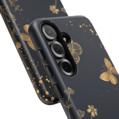 Gold Floral Butterfly Phone Case, Dark Aesthetic Botanical, Elegant Black Luxury iPhone Samsung Cover