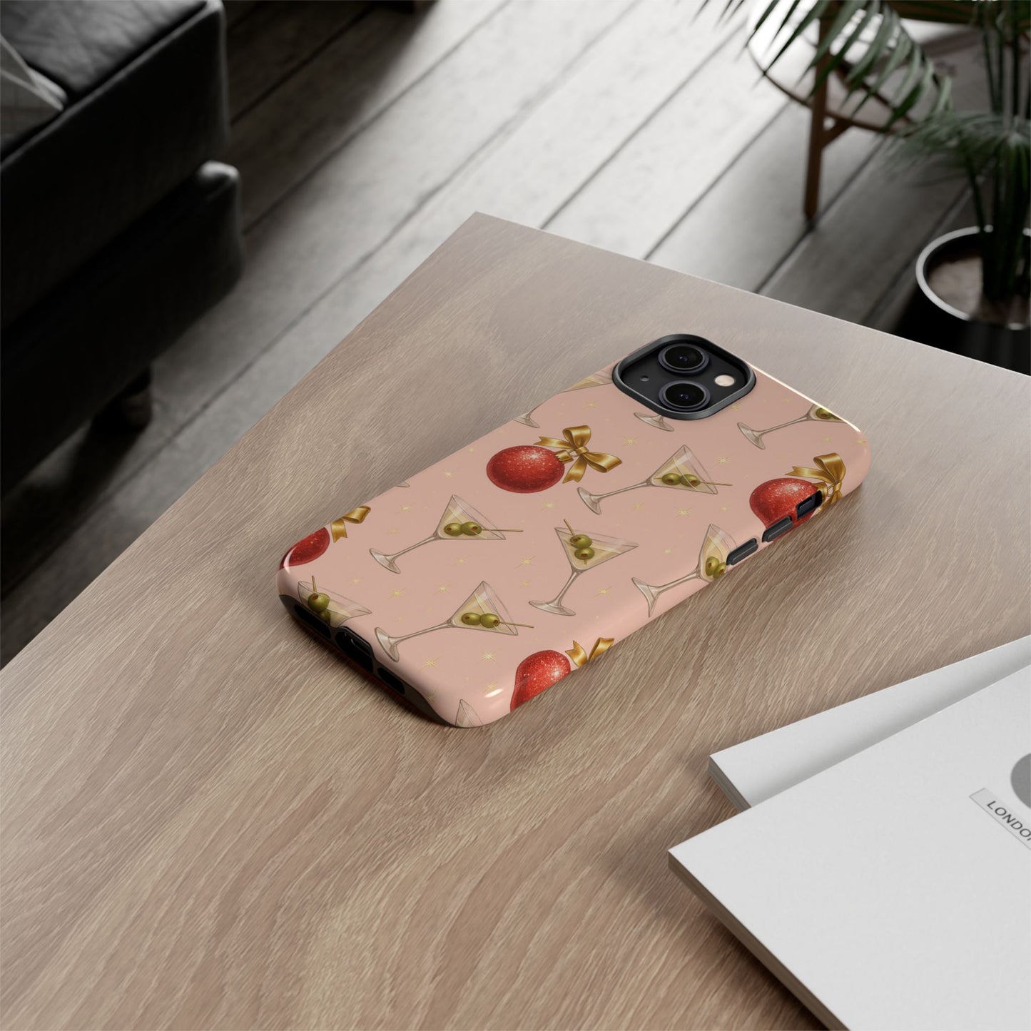 Cocktail Ornament Phone Case – Pink Martini & Cherry Pattern | Glossy or Matte for Iphone, Samsung Galaxy and Pixel