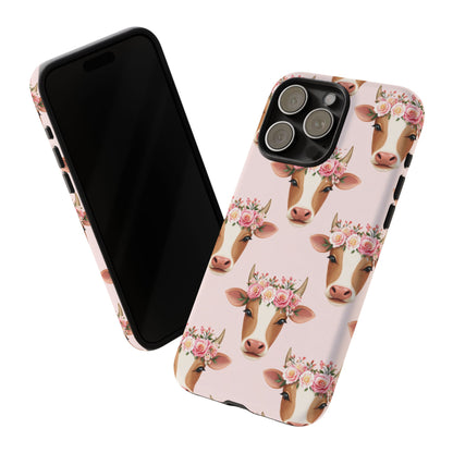 Floral Cow Phone Case – Cute Pink Cow Print Tough Protective Case for Iphone, Samsung Galaxy and Pixel