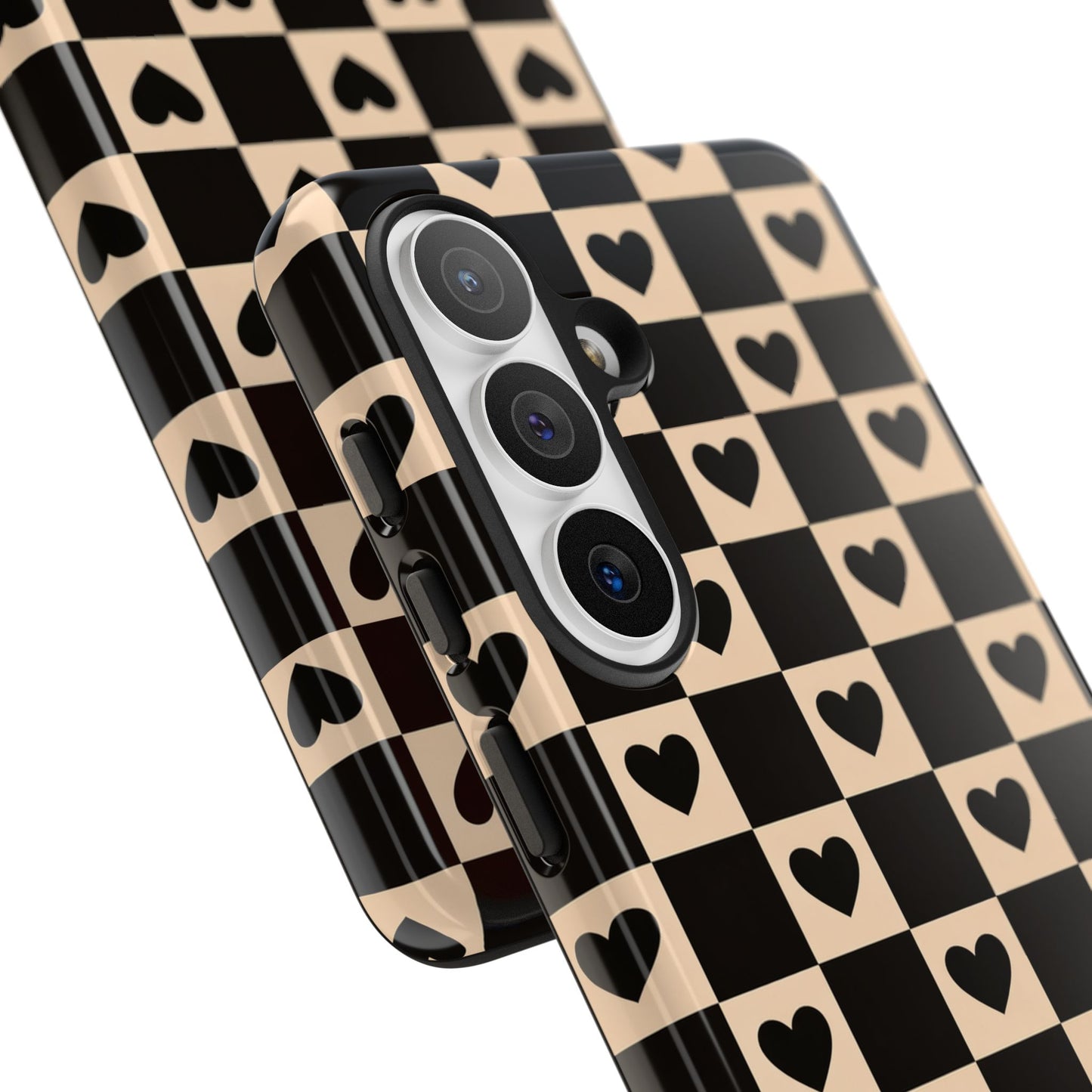 Checkerboard Heart Phone Case – Black & Beige Cute Aesthetic Protective Cover for Iphone, Samsung Galaxy and Pixel