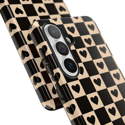 Checkerboard Heart Phone Case – Black & Beige Cute Aesthetic Protective Cover for Iphone, Samsung Galaxy and Pixel