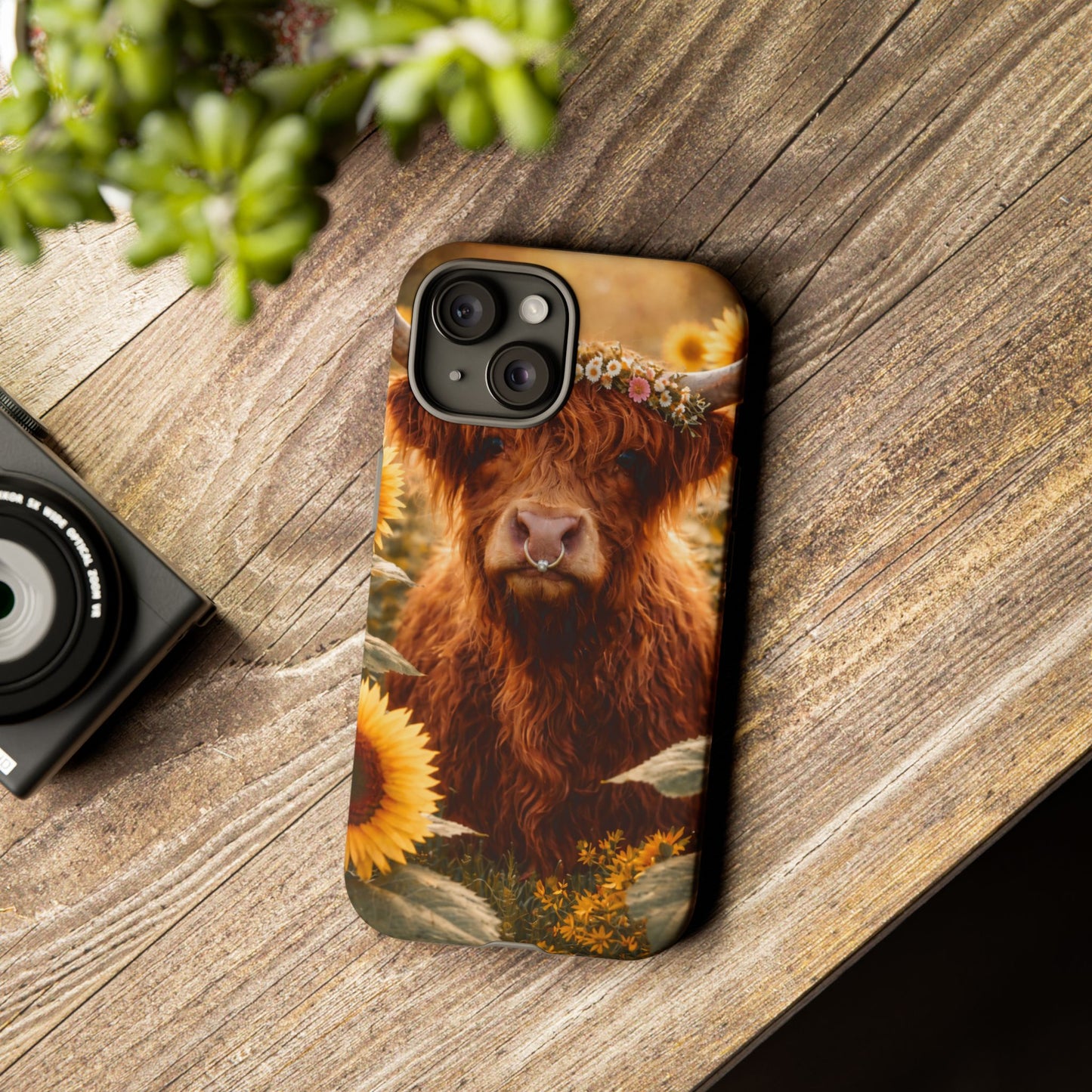Highland Cow Sunflower Phone Case | Floral Farmhouse iPhone, Samsung Galaxy and Pixel Cover
