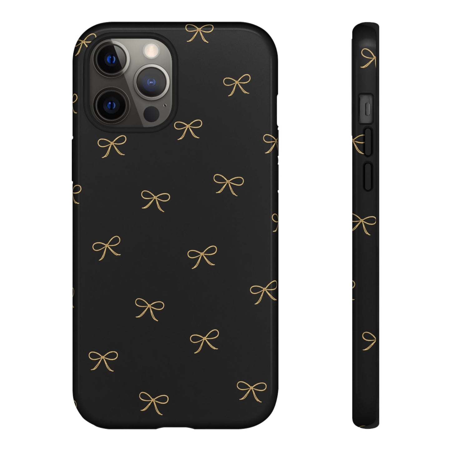 Black Phone Case with Gold Bow Pattern – Slim Protective Cute Aesthetic Cover for Iphone, Samsung Galaxy and Pixel