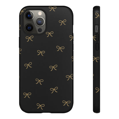 Black Phone Case with Gold Bow Pattern – Slim Protective Cute Aesthetic Cover for Iphone, Samsung Galaxy and Pixel