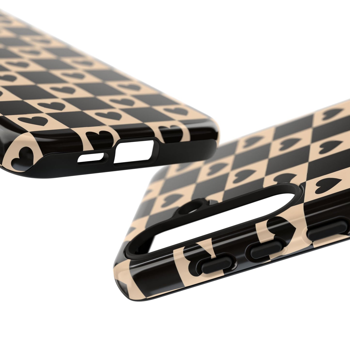 Checkerboard Heart Phone Case – Black & Beige Cute Aesthetic Protective Cover for Iphone, Samsung Galaxy and Pixel
