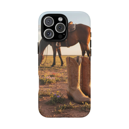 Western Cowboy Boots Phone Case – Rustic Horse Sunset Tough Case (iPhone, Samsung, Pixel)