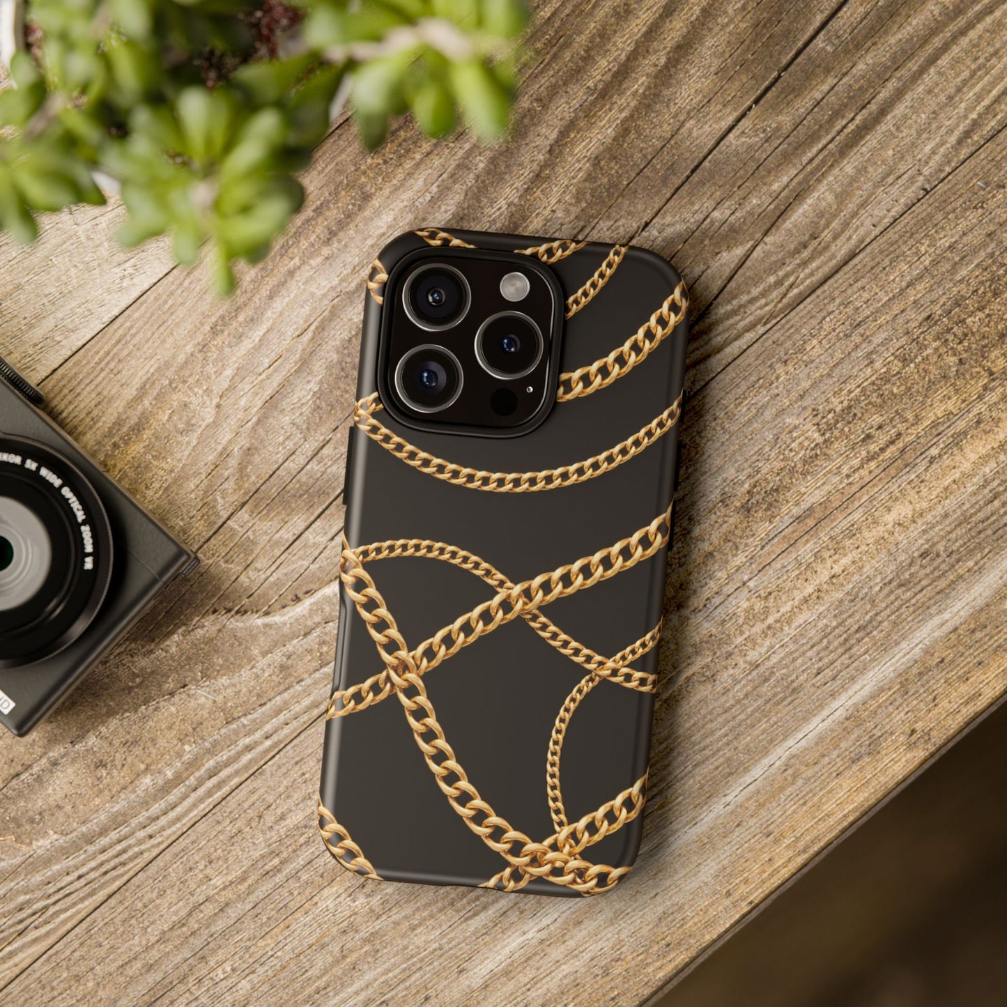 Luxury Gold Chain Phone Case – Black Designer Style Tough Protective Cover for Iphone, Samsung Galaxy and Pixel