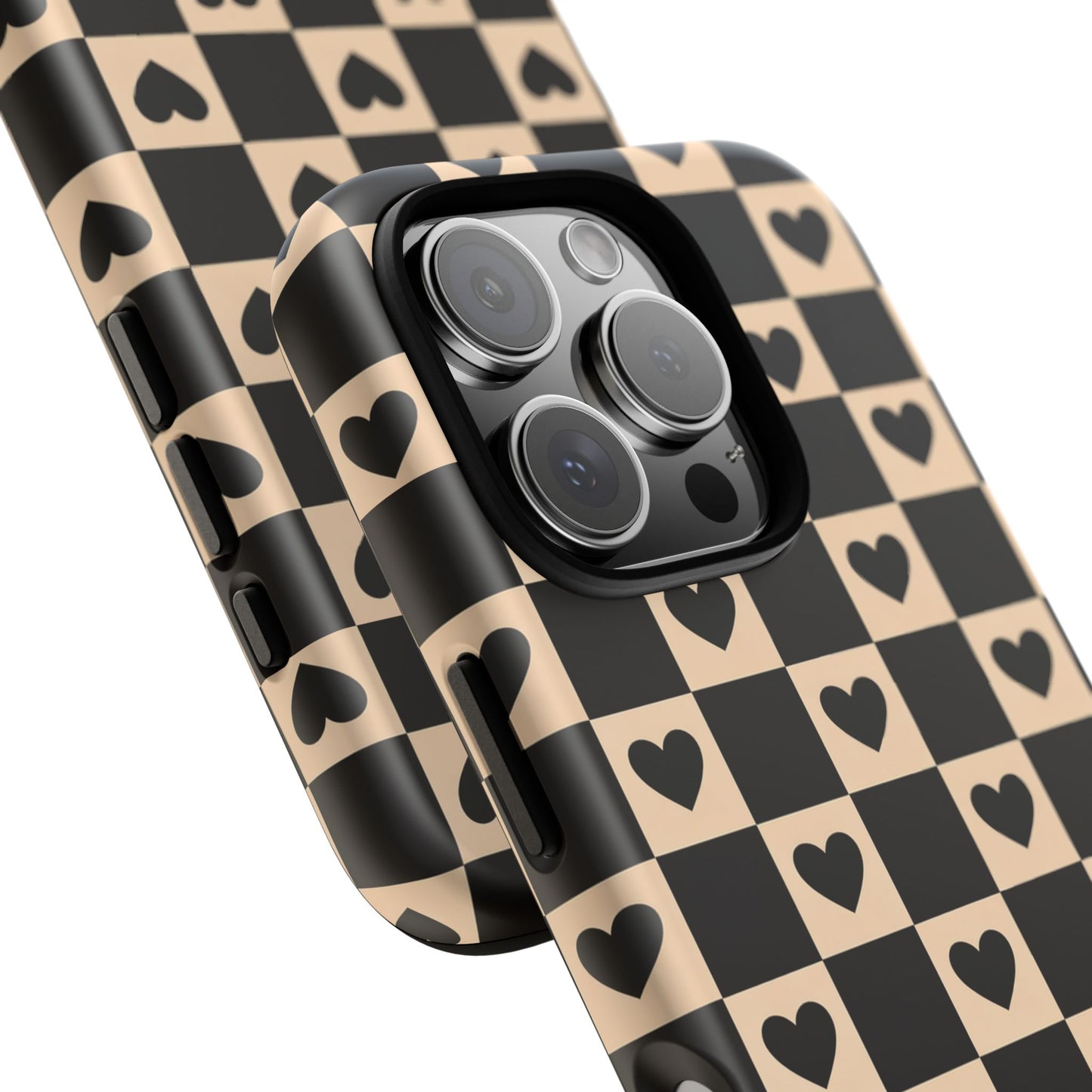 Checkerboard Heart Phone Case – Black & Beige Cute Aesthetic Protective Cover for Iphone, Samsung Galaxy and Pixel