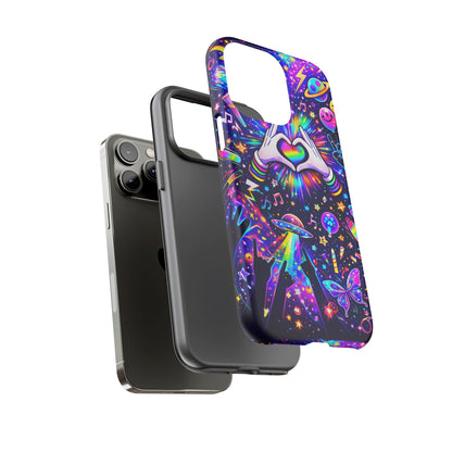 Rainbow Heart Hands Phone Case – Neon Galaxy EDM Festival Tough Cover