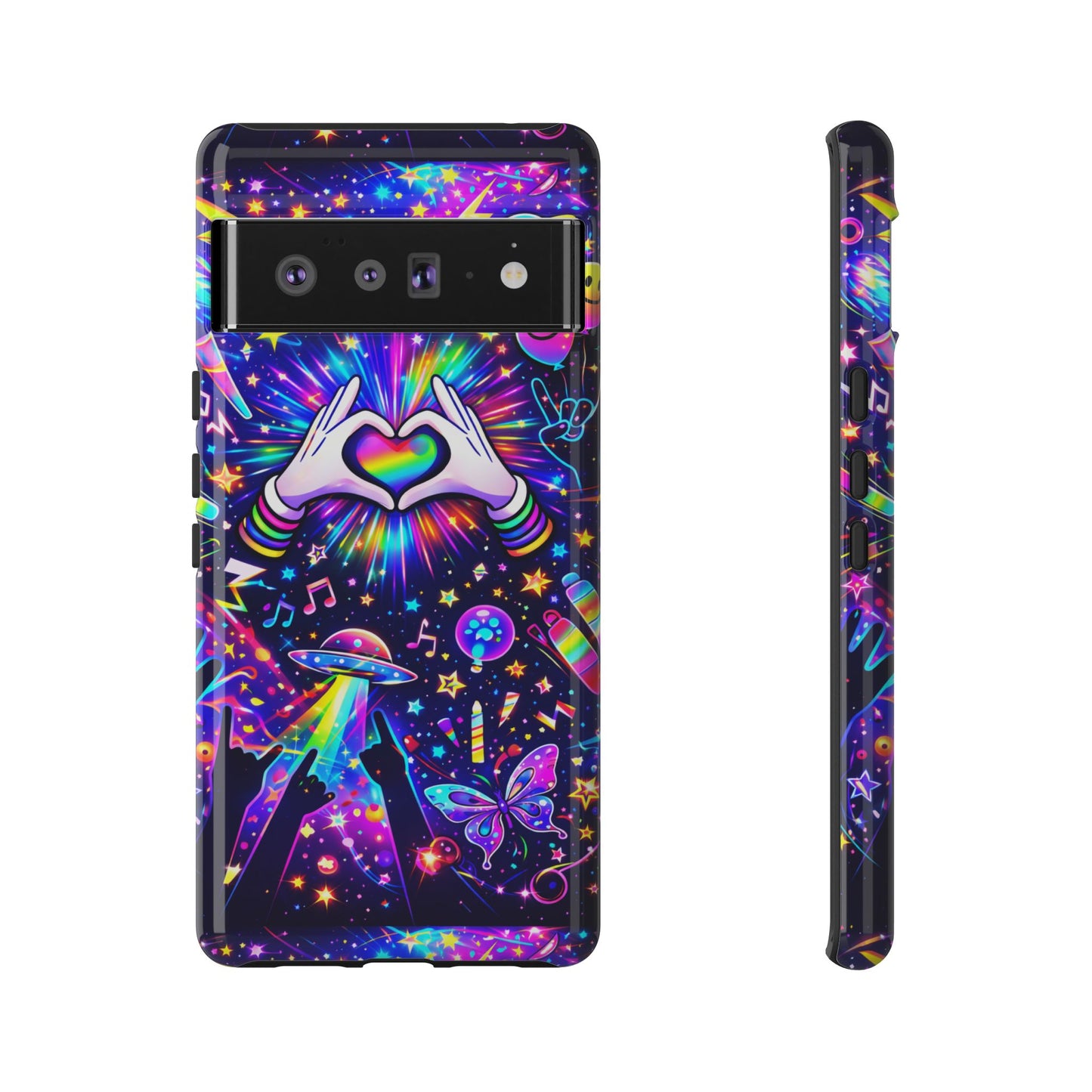 Rainbow Heart Hands Phone Case – Neon Galaxy EDM Festival Tough Cover