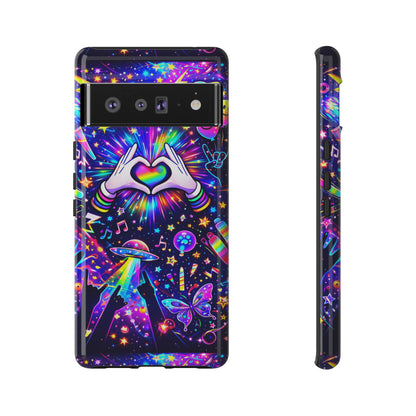 Rainbow Heart Hands Phone Case – Neon Galaxy EDM Festival Tough Cover