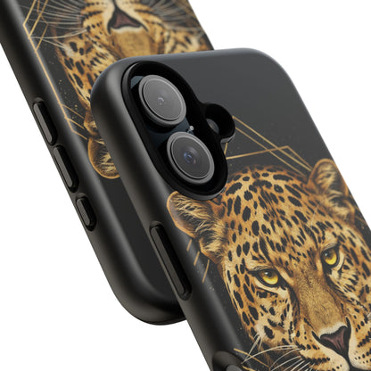 Leopard Head Geometric Phone Case – Black & Gold Luxe Tough Case