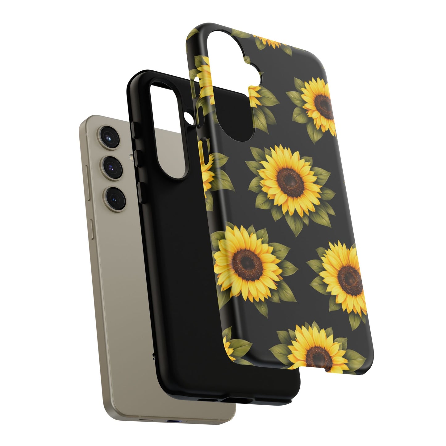 Sunflower Floral Tough Phone Case – Black Background Protective Cover for Iphone, Samsung Galaxy and Pixel