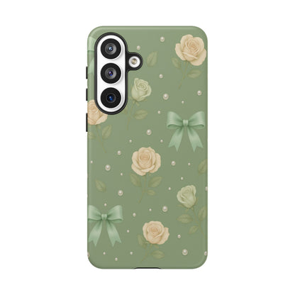 Vintage Rose Bow Phone Case – Sage Green Floral Coquette Aesthetic Tough Case (iPhone, Samsung, Pixel)