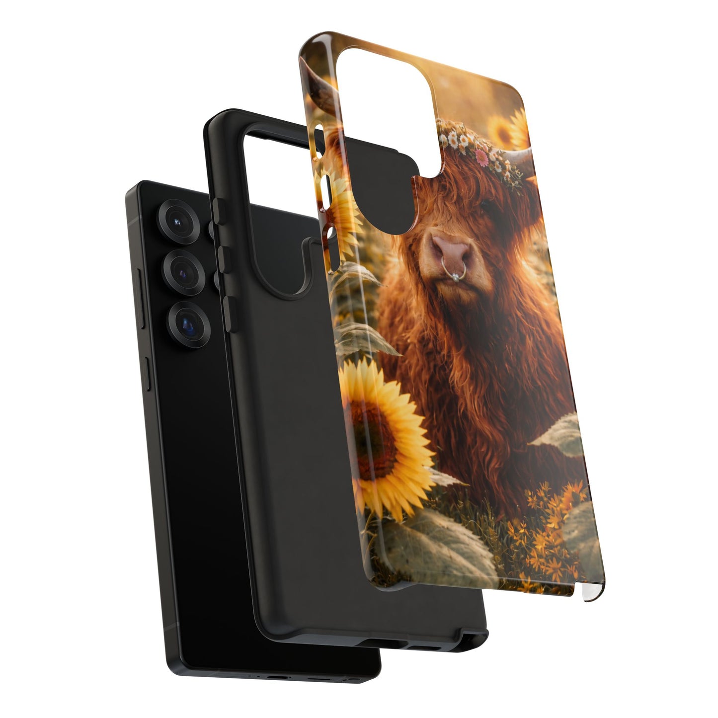Highland Cow Sunflower Phone Case | Floral Farmhouse iPhone, Samsung Galaxy and Pixel Cover