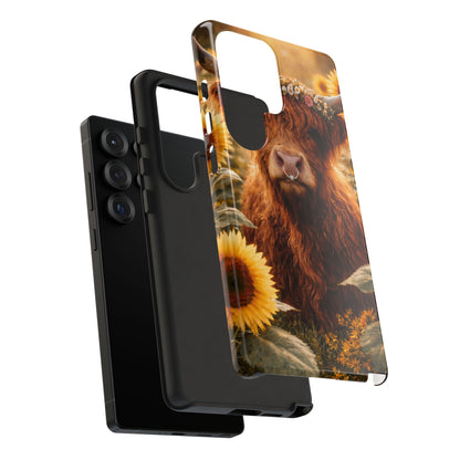 Highland Cow Sunflower Phone Case | Floral Farmhouse iPhone, Samsung Galaxy and Pixel Cover