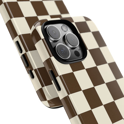 Mocha Checkerboard Phone Case | Neutral Aesthetic Checkered iPhone & Samsung Tough Case