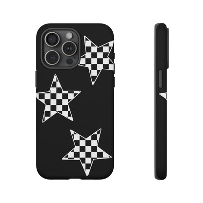 Checkered Star Tough Phone Case – Black Retro Graphic Protective Cover for Iphone, Samsung Galaxy and Pixel