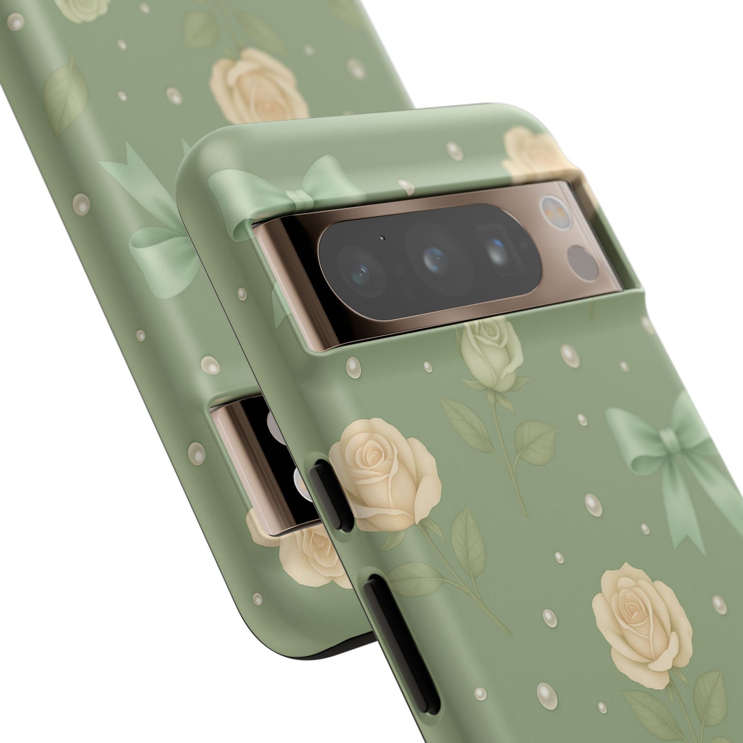 Vintage Rose Bow Phone Case – Sage Green Floral Coquette Aesthetic Tough Case (iPhone, Samsung, Pixel)