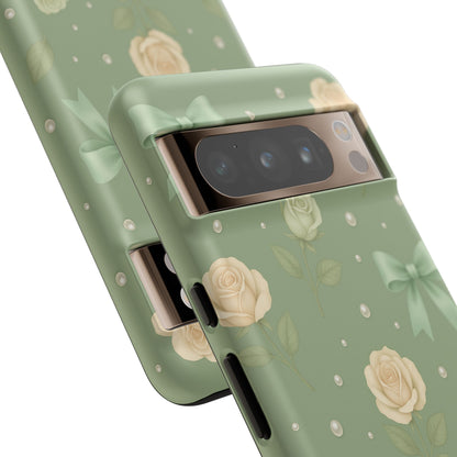 Vintage Rose Bow Phone Case – Sage Green Floral Coquette Aesthetic Tough Case (iPhone, Samsung, Pixel)