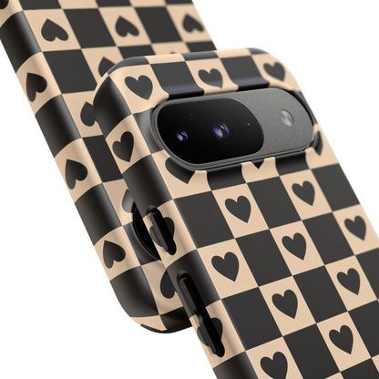 Checkerboard Heart Phone Case – Black & Beige Cute Aesthetic Protective Cover for Iphone, Samsung Galaxy and Pixel