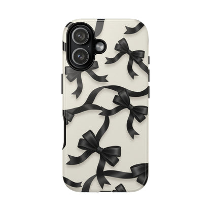 Black Ribbon Bow Phone Case, Minimal Bow Pattern Tough Protective Case