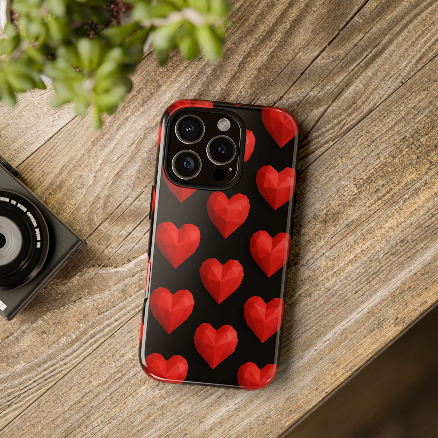 Red Heart Phone Case – Geometric Heart Pattern Tough Case (Black)