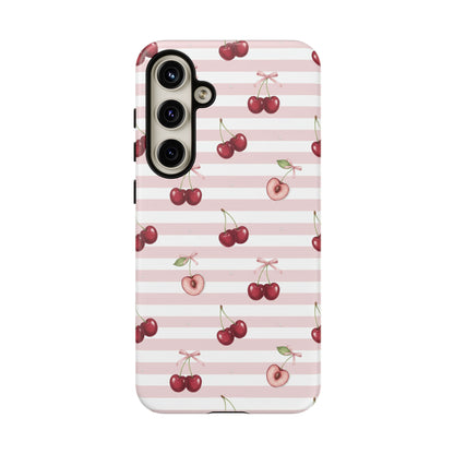 Pink Cherry Stripe Phone Case | Cute Coquette Aesthetic Protective Tough Case